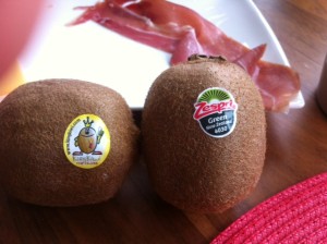 New Zealand "Zespri" and Italian "KingKiwi" from the fruit bowl. 